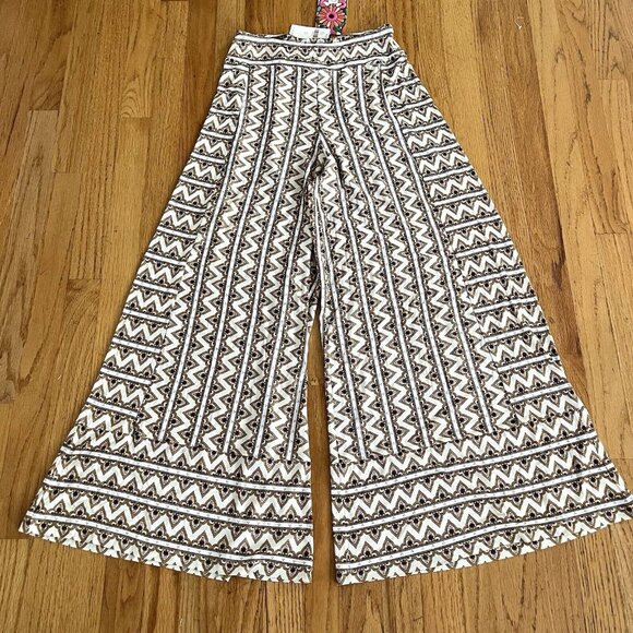 Farm Rio Anthropologie Pants Wide-Leg High Rise XS Black High Rise Gold Creme